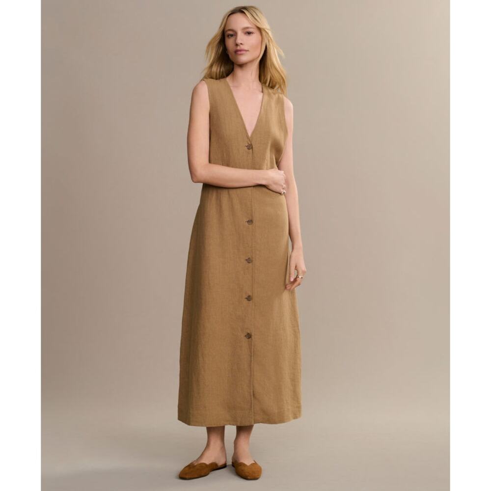 Jenni Kayne Callan Linen Midi Dress Khaki XS Button Front Vest Style Minimalist